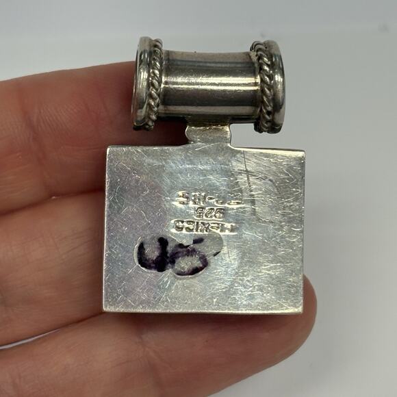 Vintage Mexico 925 Sterling Silver Square Black Onyx Pendant Heavy - Picture 4 of 10